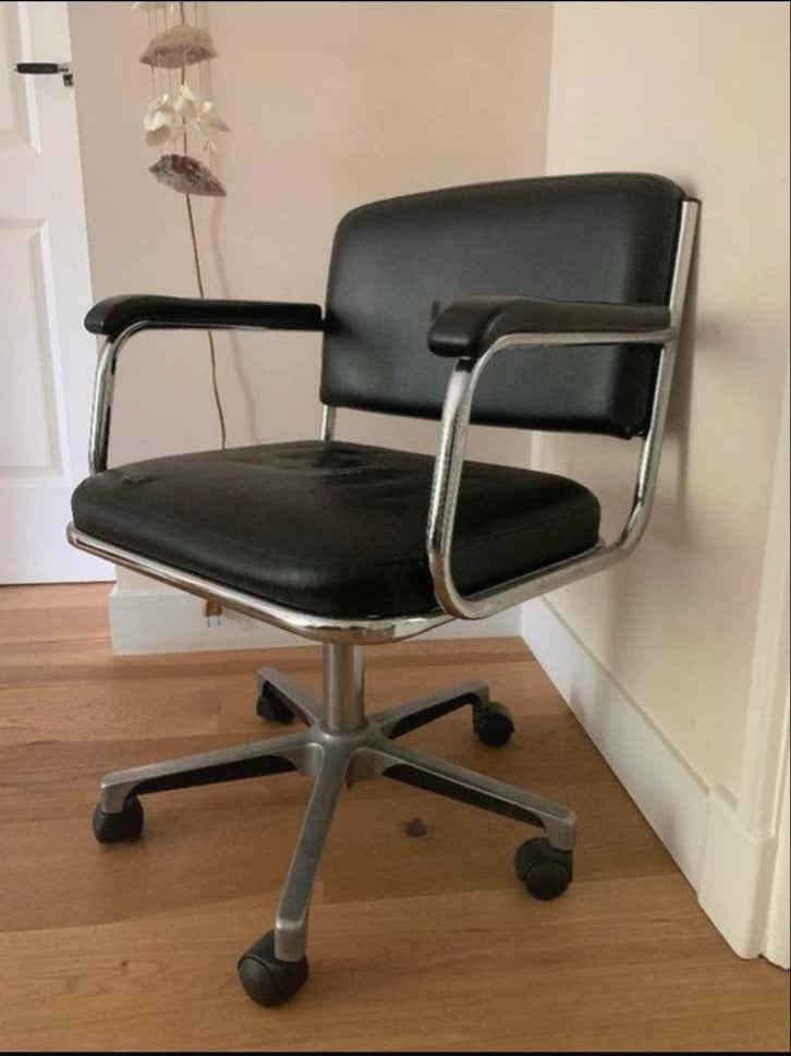Vintage Bureaustoel Zwart Leer Chroom - Jaren '50/'60 Stijl, Ophalen of Verzenden, Gebruikt, Zwart, Bureaustoel