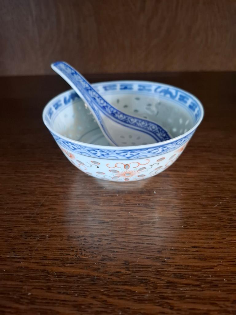 Antieke Chinese rijstkom en lepel, Ophalen of Verzenden