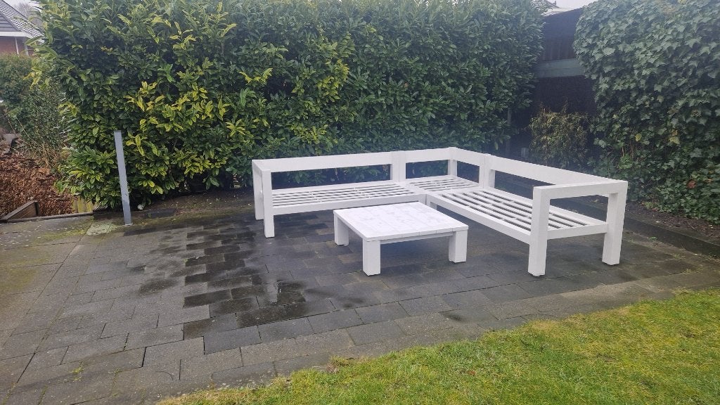 Exclusieve Design loungeset wit met grijze kussens 245x245, Ophalen, 5 zitplaatsen, Aluminium, Zo goed als nieuw