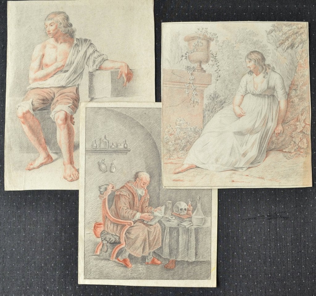 3 antieke (kleur) potlood tekeningen van rond 1800 (36x28cm), Ophalen of Verzenden, Tekening, Potloodtekening, Handgemaakt