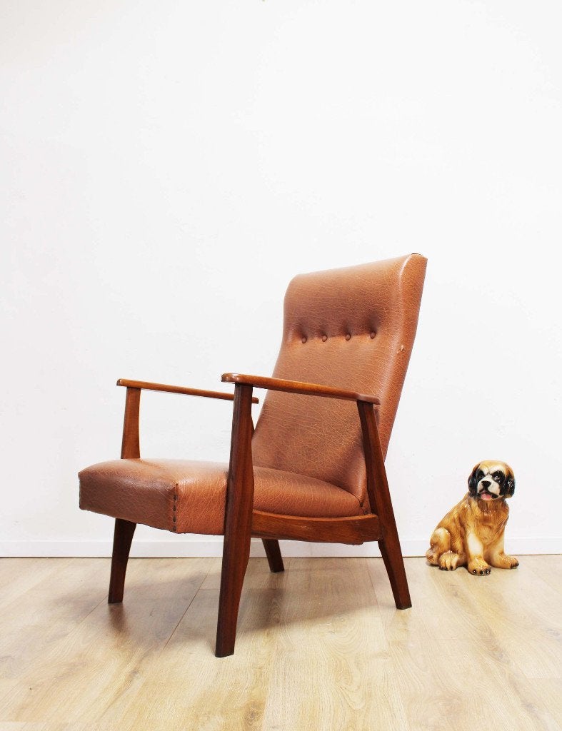 Bruine vintage fauteuil. Mid Century design stoel, Huis en Inrichting, Minder dan 50 cm, O, O, Ophalen of Verzenden
