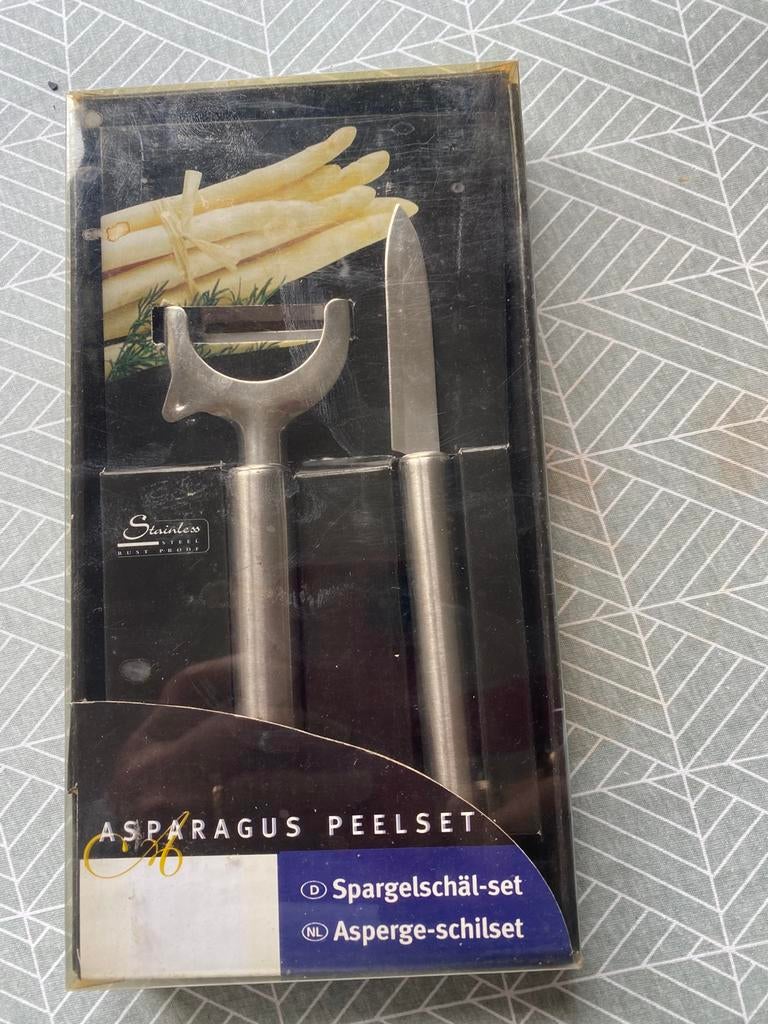 Nieuw! In doos asperge schilset, Ophalen of Verzenden, Zo goed als nieuw, Rvs of Chroom