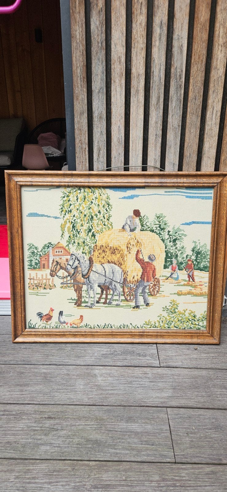 Vintage Groot Geborduurd houten lijst Boerderijtafereel 75x6, Ophalen, 50 – 75, Gebruikt, Oorspronkelijke maker