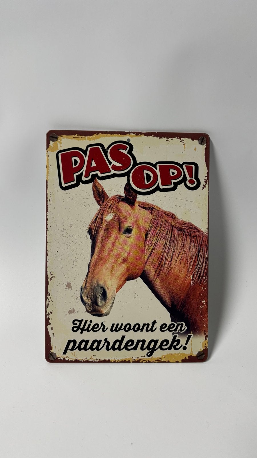 Pas Op! Hier woont een paardengek! - Metalen Wandbord, Vintage, Meerkleurig, Nieuw, Ophalen of Verzenden