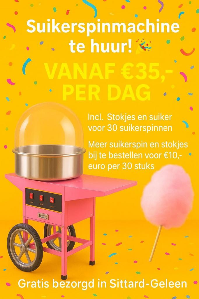 Suikerspinmachine te huur vanaf €35,- per dag!, Ophalen, Zo goed als nieuw, Overige