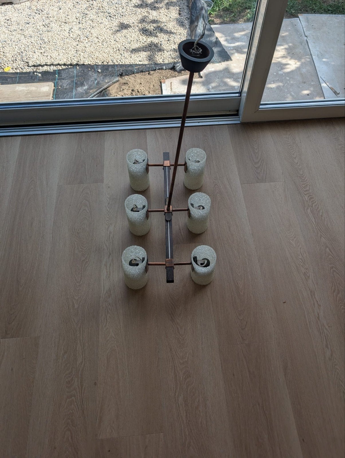 Vintage hanglamp met 6 glazen kappen jaren 50/60, Ophalen, Gebruikt, Vintage, Industrieel, Retro, E14 (klein)