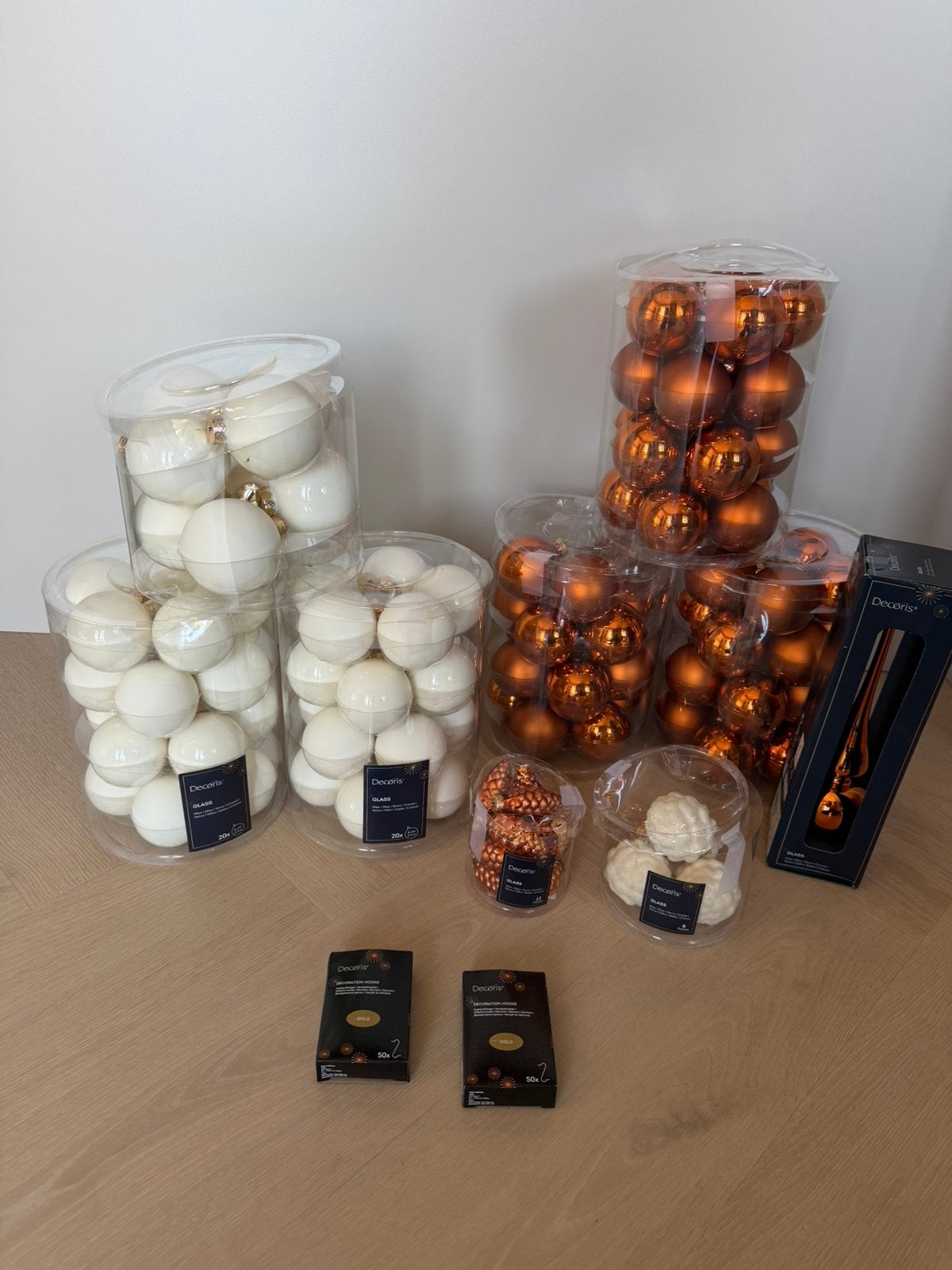Glazen kerstballen parelmoer & terra - complete set, Ophalen, Zo goed als nieuw