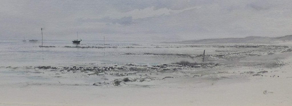 Aquarel van de wadden, Frans Berkhout uit Workum, Maritiem / water, Realistisch, Aquarel, Gedateerd