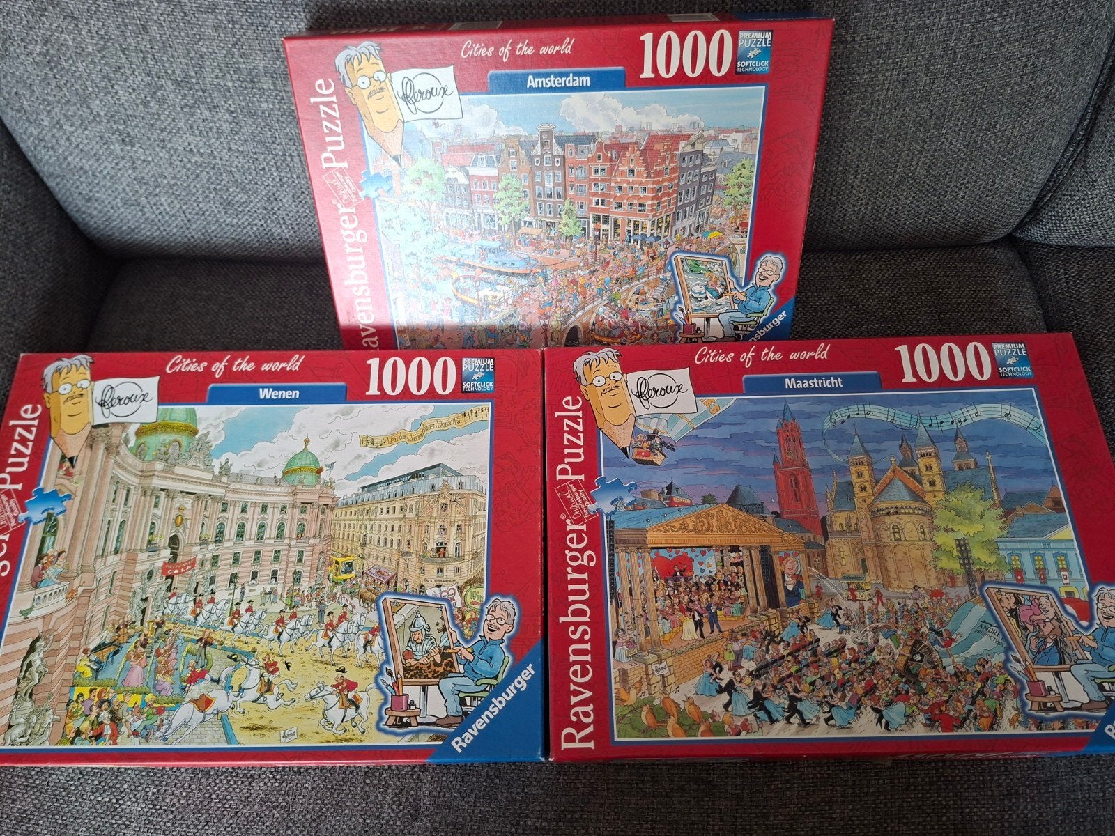 3 Fleroux puzzels Amsterdam, Wenen, Maastricht, Ophalen of Verzenden, 500 t/m 1500 stukjes, Gebruikt