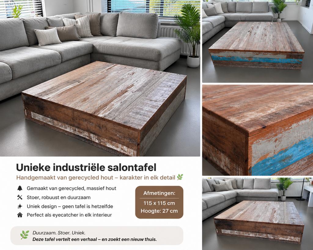 Unieke Salontafel 115x115 | Hout | Handgemaakt, Huis en Inrichting, Tafels | Salontafels, Ophalen, Gebruikt, Vierkant, 100 tot 150 cm