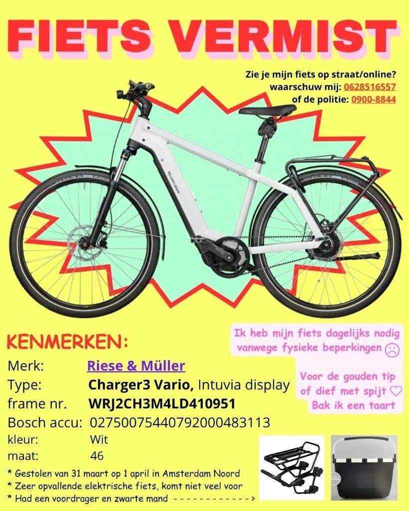mijn RIESE MULLER FIETS is GESTOLEN, Fietsen en Brommers, Elektrische fietsen, Zo goed als nieuw, Riese & Müller, Ophalen