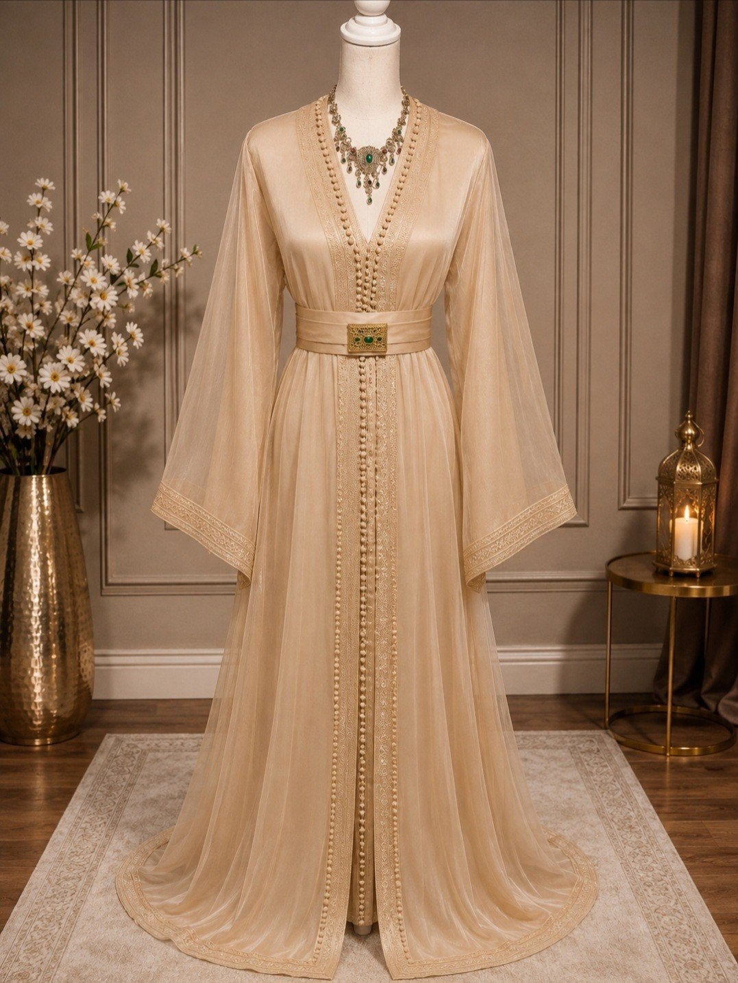 Elegante Beige Kaftan Marokkaanse jurk, Overige typen, Beige, Maat 42/44 (L), Nieuw