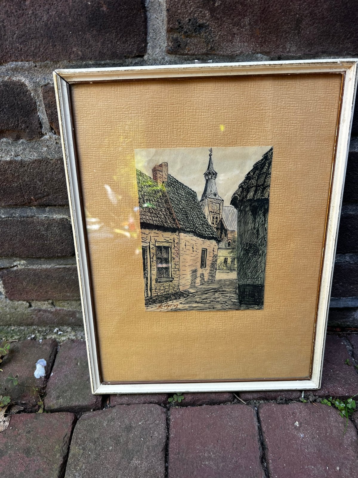 Oude dorpsgezicht tekening in lijst, Ophalen of Verzenden