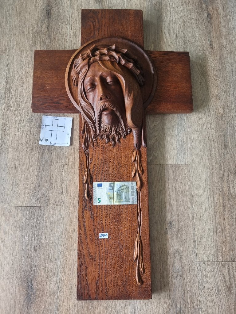 Houten Kruisbeeld met Jezus Hoofd - Handgesneden, Antiek en Kunst, Ophalen