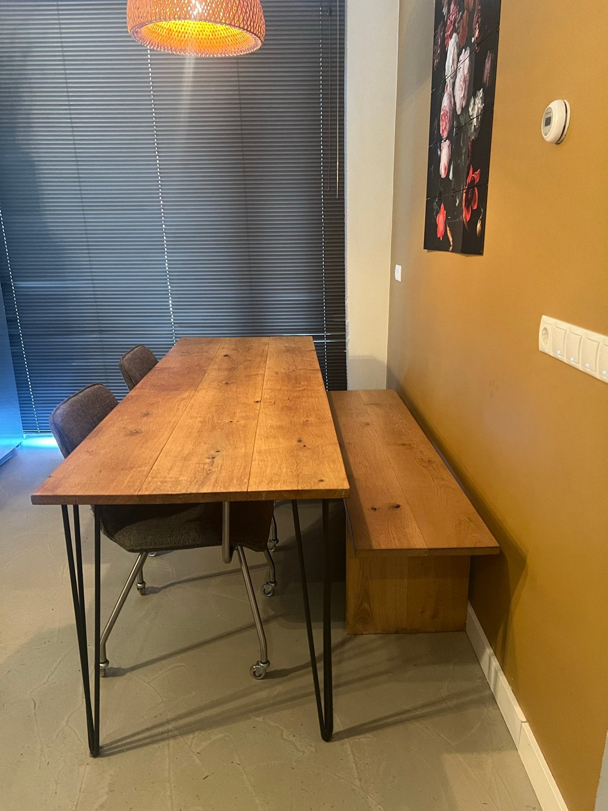 Robuuste eikenhouten eettafel met bank, Ophalen, Gebruikt, Eikenhout, 50 tot 100 cm
