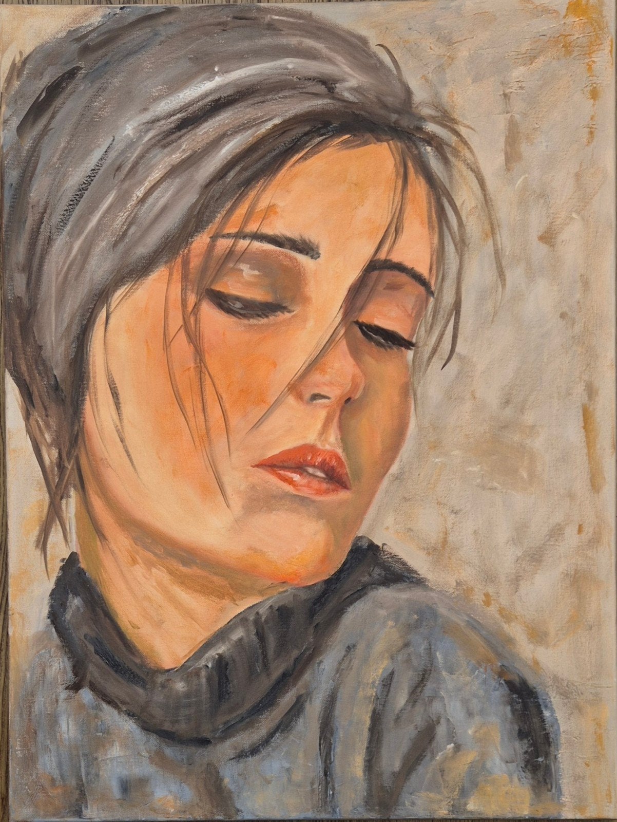 Vrouw met gesloten ogen - Origineel schilderij, Handgeschilderd, Ophalen of Verzenden, Olieverf, Portret