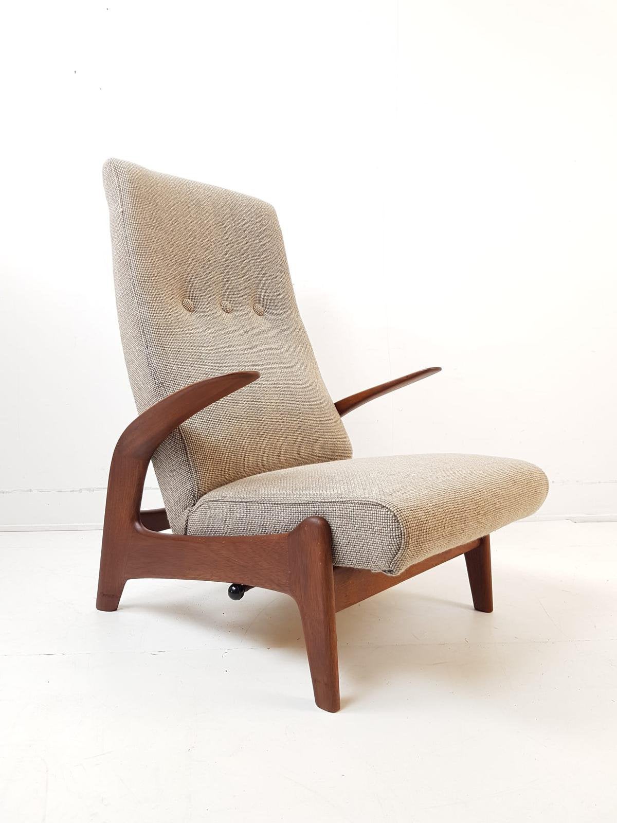 Gimson & Slater vintage fauteuil beige ploegstof teak nieuw, Modern vintage, Hout, ., 75 tot 100 cm