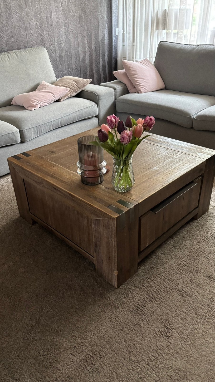 Pronto Bassano Salontafel Warm Grijs met 2 Lades, Ophalen, Gebruikt, 100 tot 150 cm, Vierkant