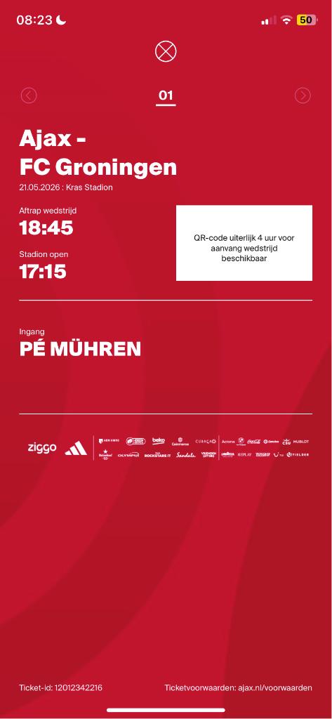 Ajax- Groningen Fside kaart, Tickets en Kaartjes, Losse kaart, Eén persoon, Mei