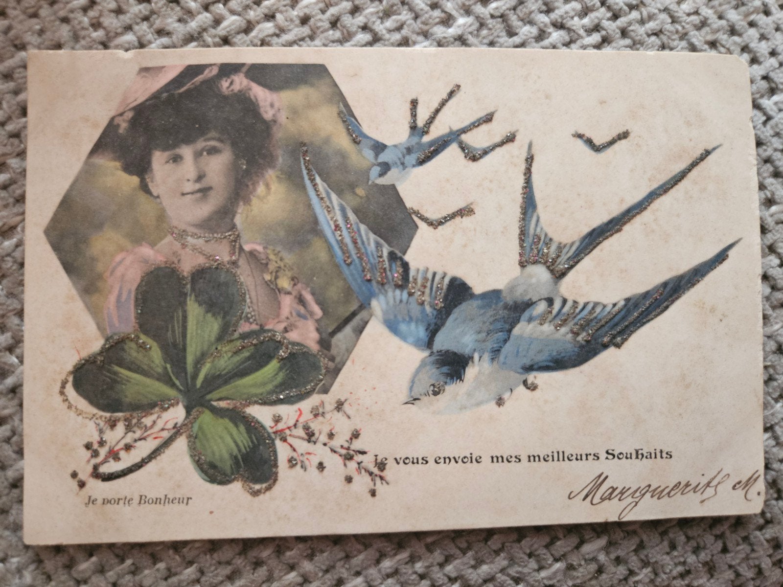 brocante dame  Geluksklaver & Zwaluwen glitters, Ophalen of Verzenden, Voor 1920, Gelopen