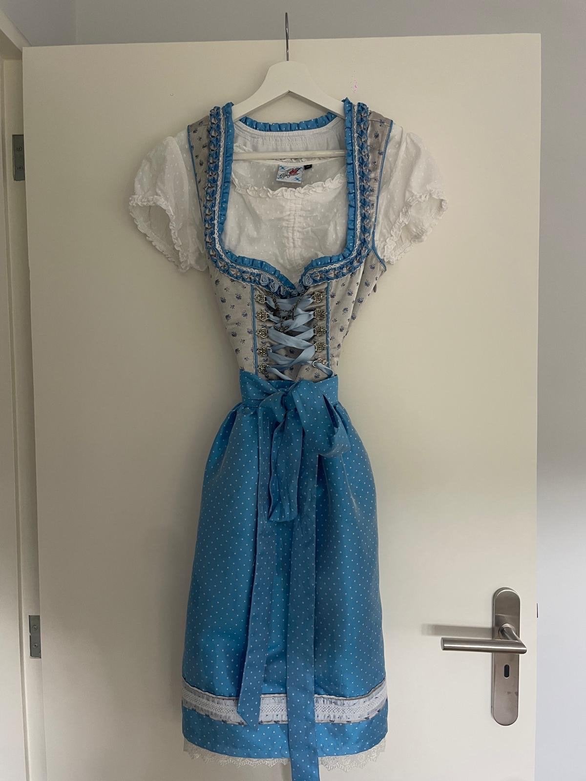Prachtige, originele dirndl met blouse - Maat 36/38, Blauw, Ophalen of Verzenden, Zo goed als nieuw, Knielengte
