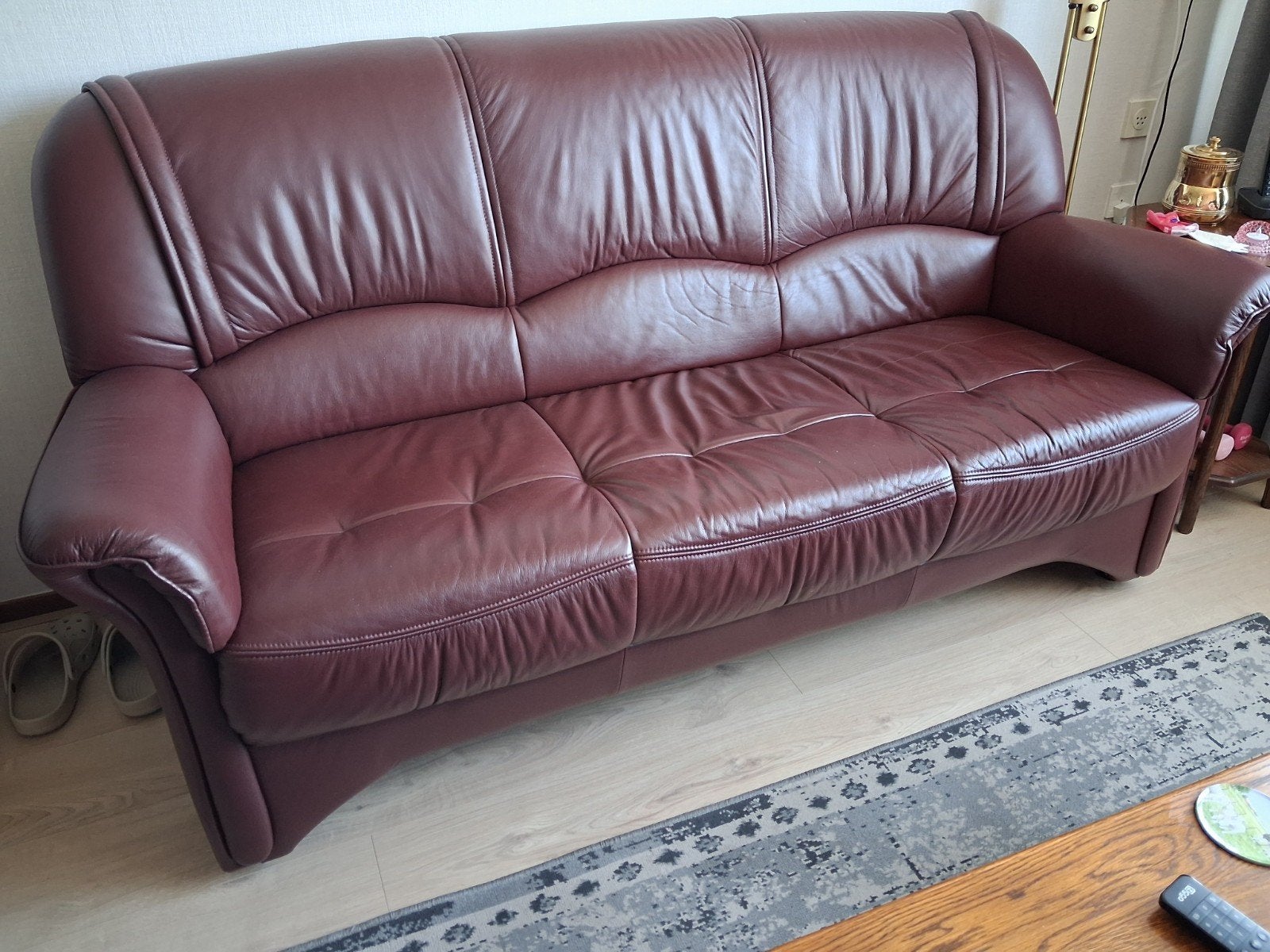 Leren 3-zitsbank en fauteuil - Bordeauxrood, Gebruikt, Driepersoons, Ophalen of Verzenden, Rechte bank