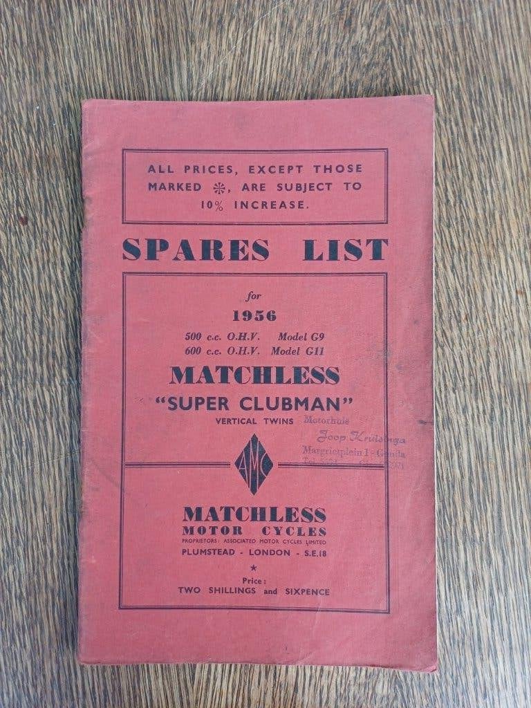 Matchless G9 + G11 1956 Spares List Parts List, Ophalen of Verzenden, Overige merken