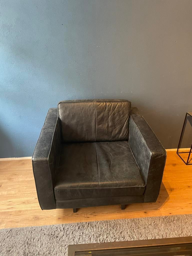 Leren Loveseat Fauteuil - Zwart (Onderkant open), Huis en Inrichting, Fauteuils, Ophalen, Gebruikt, Leer, 75 tot 100 cm