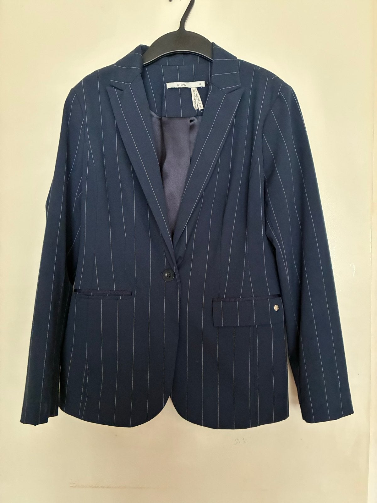 Donkerblauwe colbert maat 36 met streepje, Kleding | Dames, Blauw, Ophalen of Verzenden, Jasje, Maat 36 (S)