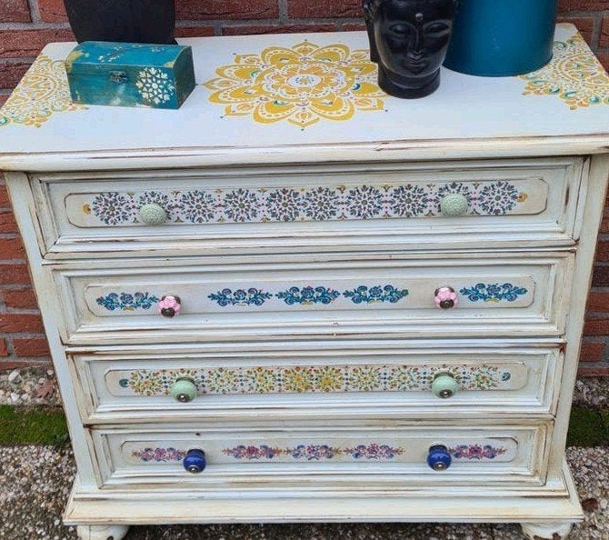Grote ladenkast commode vintage brocante handbeschilderd, Ophalen, Brocante landelijk bohemian, 50 tot 100 cm, Zo goed als nieuw