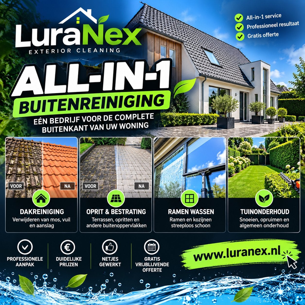 LuraNex – All-in-1 Buitenreiniging | Dak & Tuin, Glazenwassen buiten