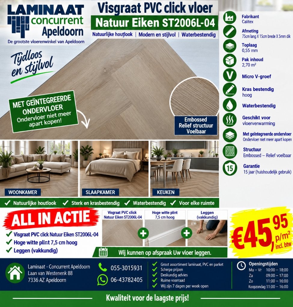 Visgraat Pvc click Natuur Eik + Hoge wit plint + Leggen