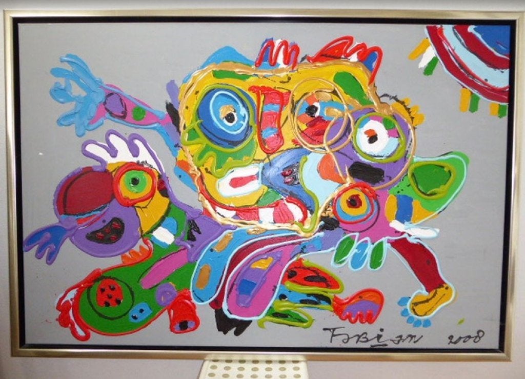 Acrylverf schilderij van kunstenaar Fabian, Antiek en Kunst, Ophalen, Acrylverf, Gesigneerd, Stripfiguren/cartoons