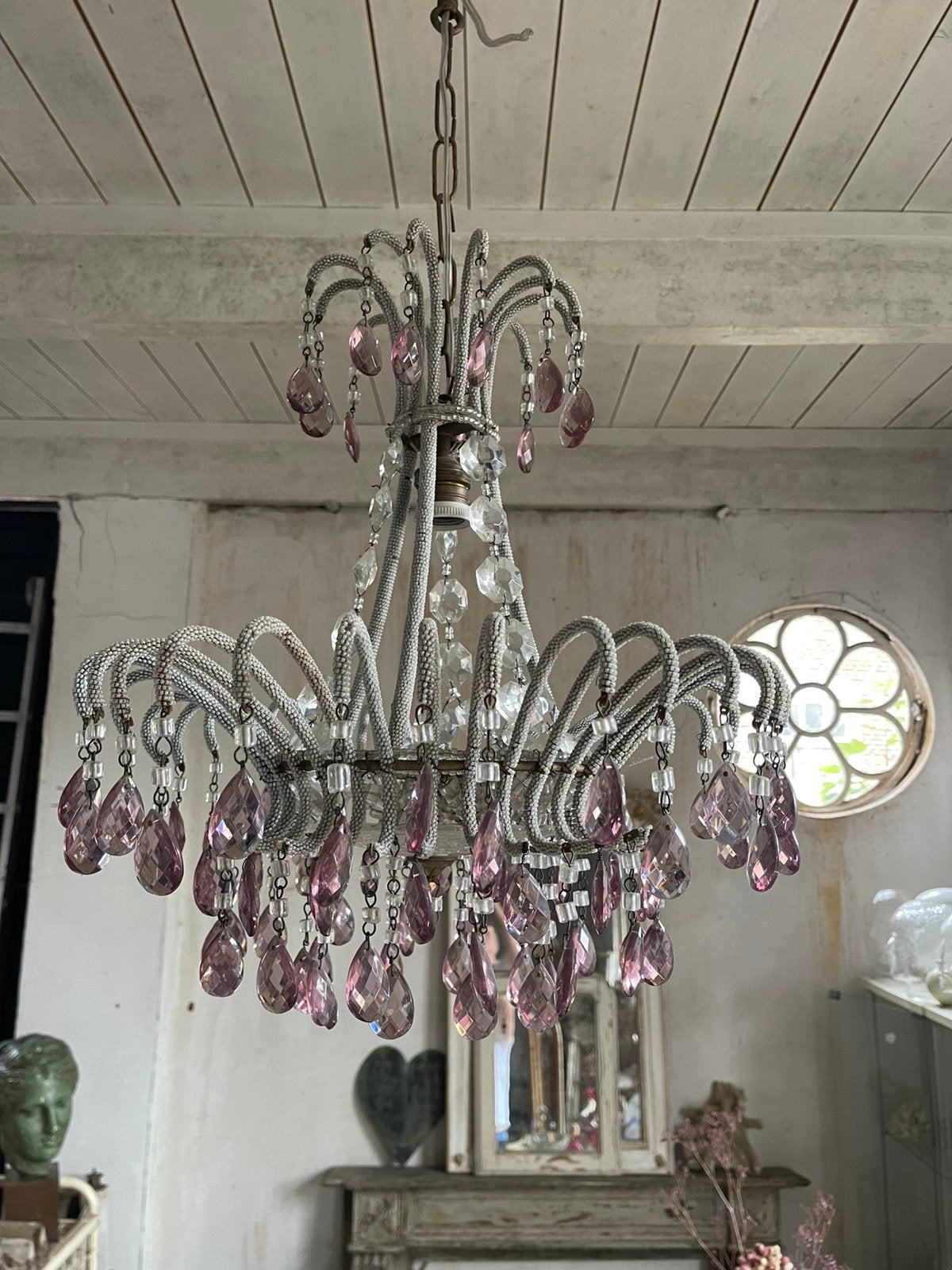 Italiaanse kroonluchter met kleine kraaltjes murano, Overige materialen, Gebruikt, Italiaanse murano stijl, Nvt