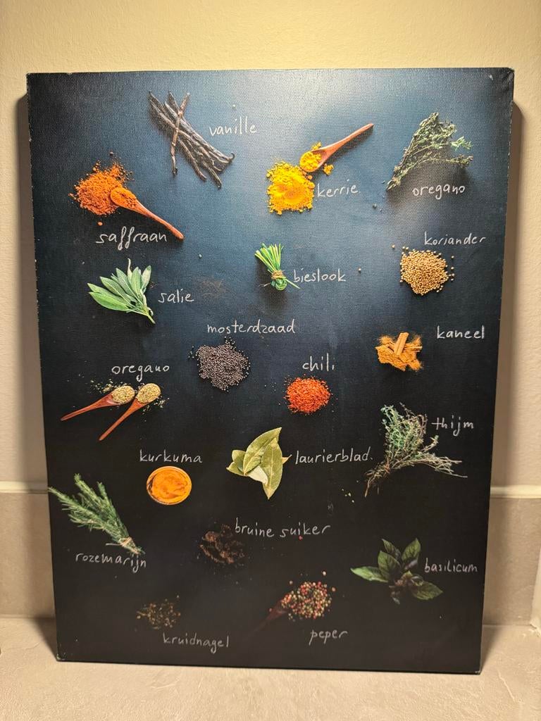 Schilderij met kruiden en specerijen op petrol blauw, Ophalen of Verzenden, Gebruikt, Schilderij