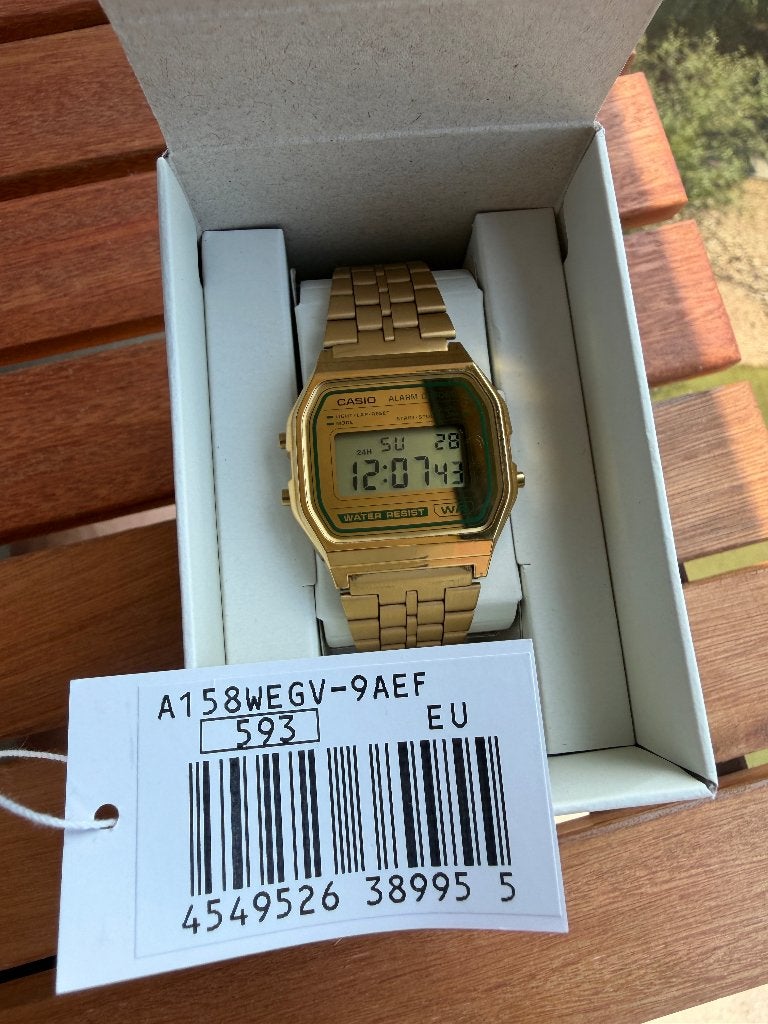 Casio A158 digitaal horloge goudkleurig, Polshorloge, Ophalen of Verzenden, Zo goed als nieuw, Staal