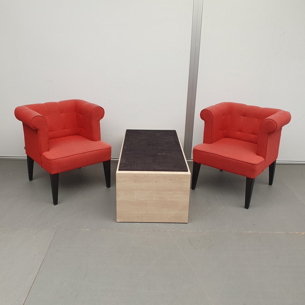 Set fauteuils rode stoffering + bloktafel, Niet ingevuld, Gebruikt, Niet ingevuld, Niet ingevuld