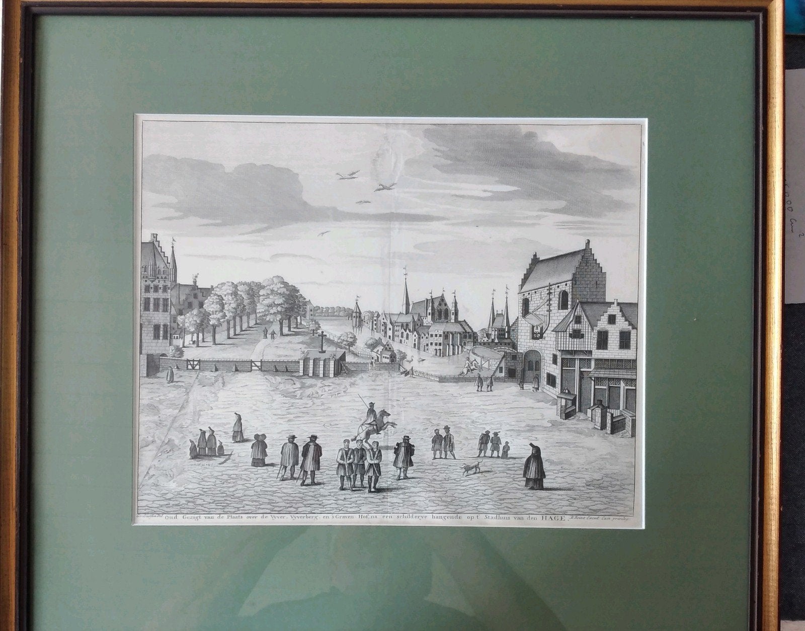 prent 18e eeuw , Den Haag, Vijverberg., Antiek en Kunst, Kunst | Etsen en Gravures, Ophalen of Verzenden