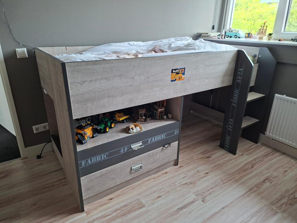 Halfhoogslaper met opbergruimte en lades fabric parisot, Ophalen, Gebruikt, 90 cm, Eenpersoons