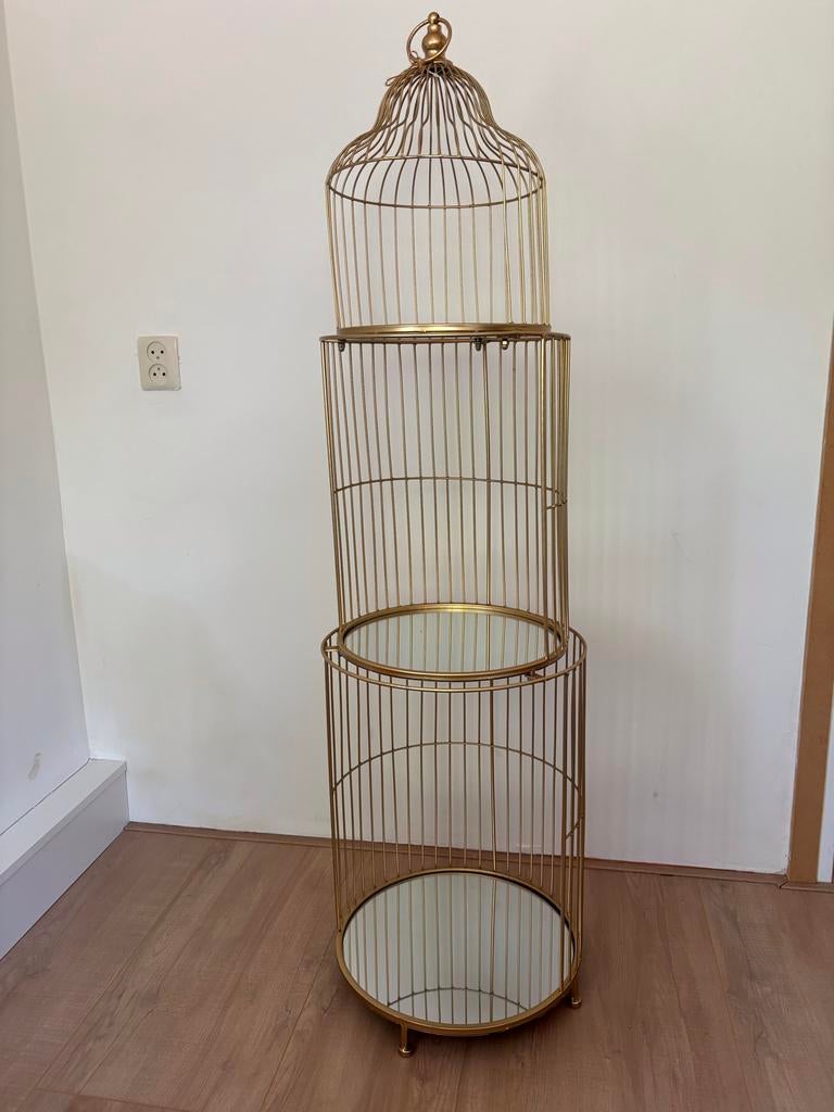 Gouden decoratieve vogelkooi met spiegelplanken, Huis en Inrichting, Woonaccessoires | Etagères, Ophalen of Verzenden, Zo goed als nieuw