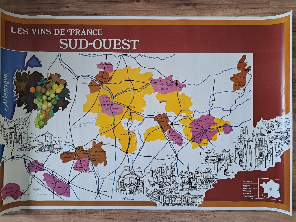 Sopexa poster wijngebied Sud - Ouest, Verzamelen, Deurposter of groter, Rechthoekig Liggend, Ophalen of Verzenden, Zo goed als nieuw