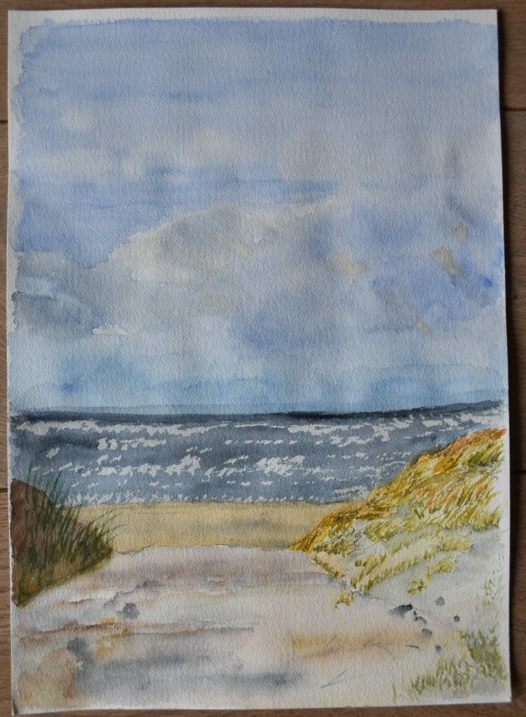 Aquarel Schilderij: Duinlandschap aan Zee (42 x 30 cm), Antiek en Kunst, Ophalen, Maritiem / water, Realistisch, Aquarel