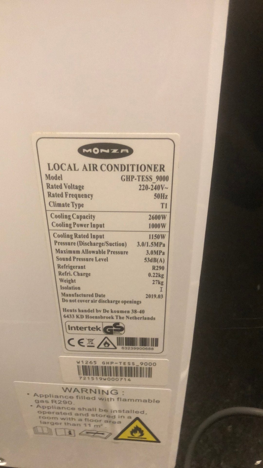 Mobiele airco’s met slang, Ophalen, Minder dan 60 m³, 3 snelheden of meer, Zo goed als nieuw