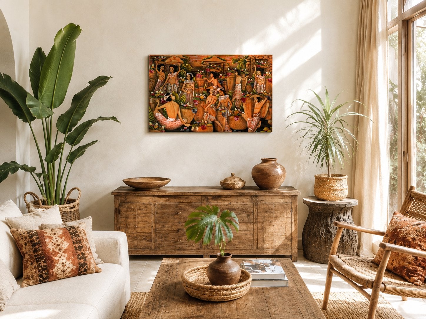 Groot schilderij Balinese markt, Antiek en Kunst, Kunst | Niet-Westerse kunst, Ophalen of Verzenden