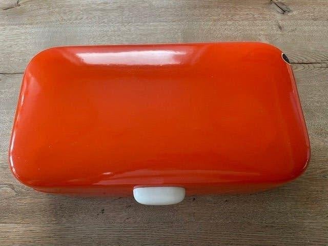 Vintage oranje emaille broodtrommel, Gebruikt, Ophalen of Verzenden, Broodtrommel, Overige materialen