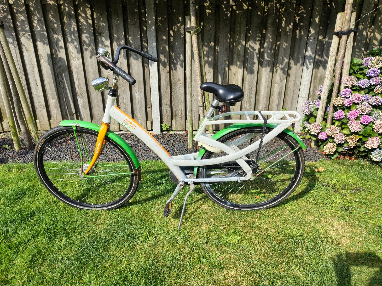 Union Damesfiets - Groen/Wit/Oranje stationsfiets, Terugtraprem, Gebruikt, 50 tot 53 cm, Ophalen