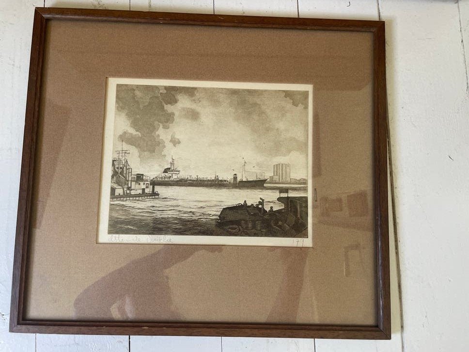 Peter de Rijcke ets Rotterdamse haven baggerschip, Antiek en Kunst, Ingelijst, 1800 - 1899, Ets, Stadsgezicht