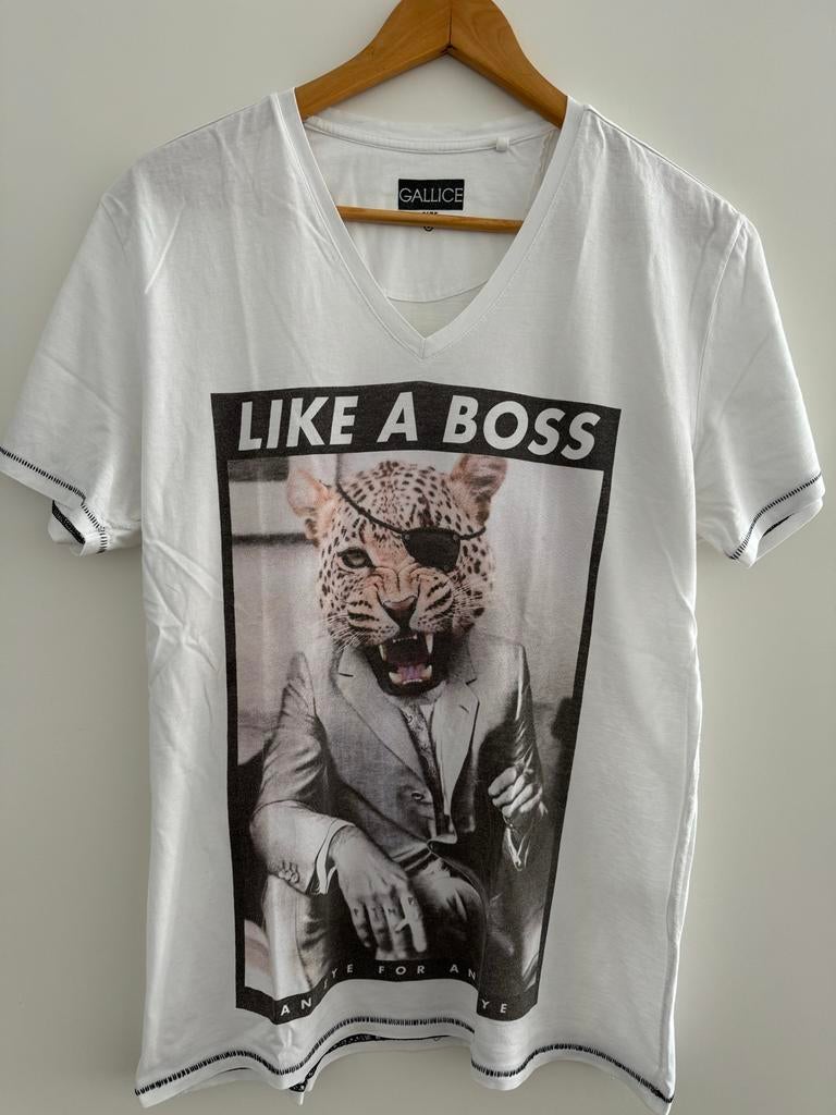 Gallice T-shirt met 'Like a Boss' luipaard print, Kleding | Heren, Ophalen of Verzenden, Zo goed als nieuw, Maat 48/50 (M), Wit
