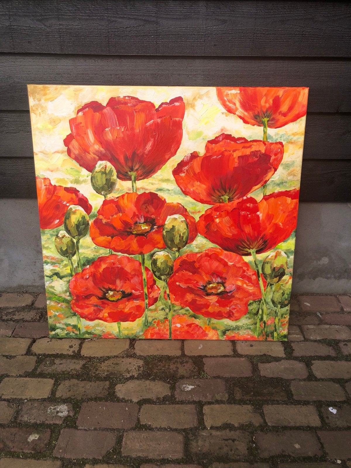 Schilderij klaprozen 100x100 cm - Boogert, Antiek en Kunst, Kunst | Schilderijen | Modern, Ophalen, Textiel, Handgeschilderd, Bloemen