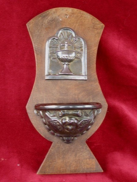 Vintage wijwaterbakje van hout en koperkleurig metaal (3), Ophalen, Gebruikt, Overige typen, Christendom | Katholiek